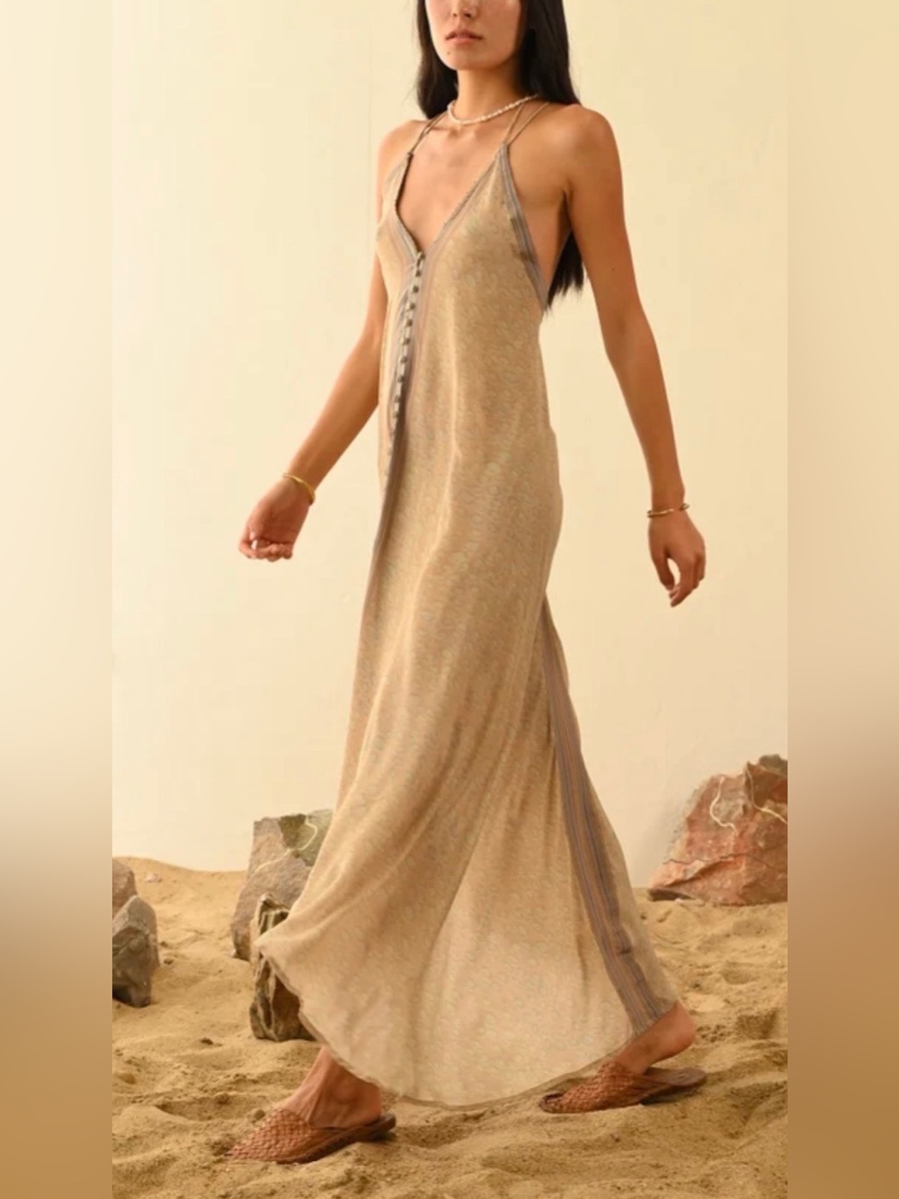 PITUSA  Maxi Dress, Sleeveless V-Neck Beige size Standard
